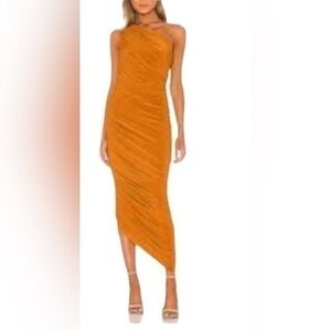 House of Harlow 1960 Velvet Ruched One Shoulder Midi Dress XS Orange/Yellow